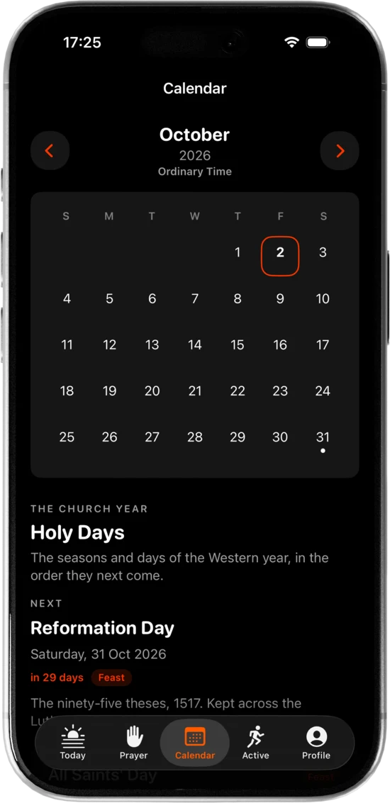The Calendar tab on a Protestant branch: October 2026 in Ordinary Time as a month grid, with today ringed, and Reformation Day next among the holy days.