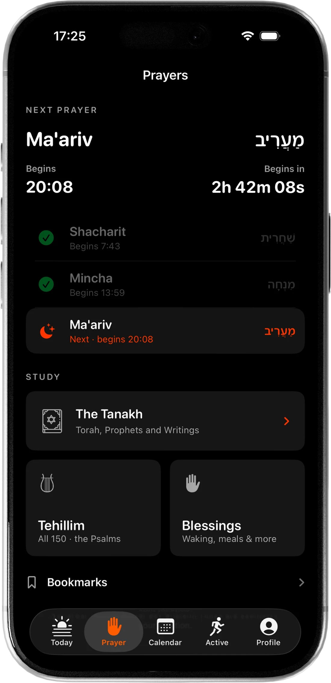 The Prayer tab on a Masorti branch: Ma’ariv next with its Hebrew alongside, Shacharit and Mincha already kept, and the Tanakh, Tehillim and blessings below.