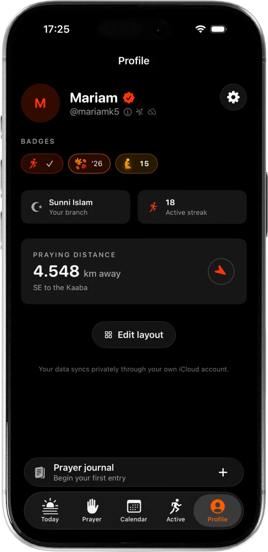 The Profile tab: the account and its chosen badges, the branch and the streak, the praying distance to the Kaaba, and the prayer journal.