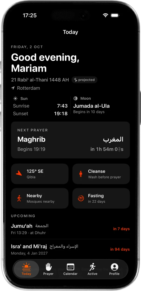 The Today tab on a Sunni branch: Maghrib with the time until it, the day’s sunrise and sunset, and the Qibla and washing panels beneath.
